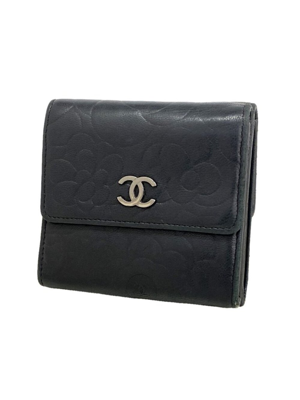 Chanel Trifold Wallet Camellia Lambskin Black Silver